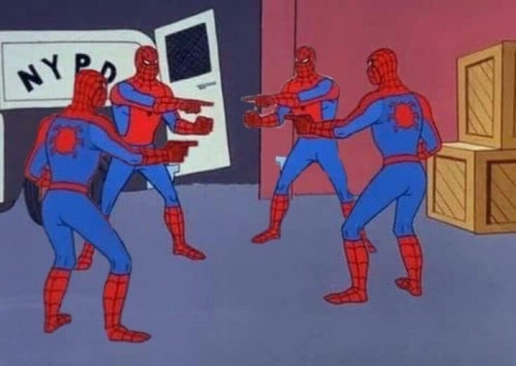 4 Spiderman pointing at each other